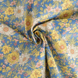Tissu coton Enduit Lolita motifs fleurs fond marine