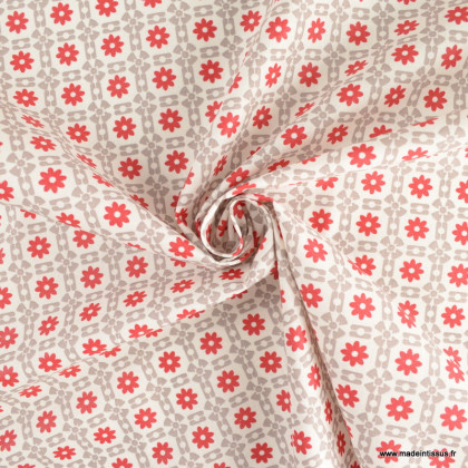 Tissu coton enduit Geline graphique et fleurs rouge et gris