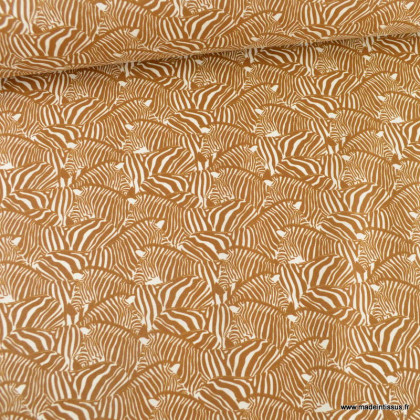 Tissu cretonne coton Khumba motifs zèbres fond camel