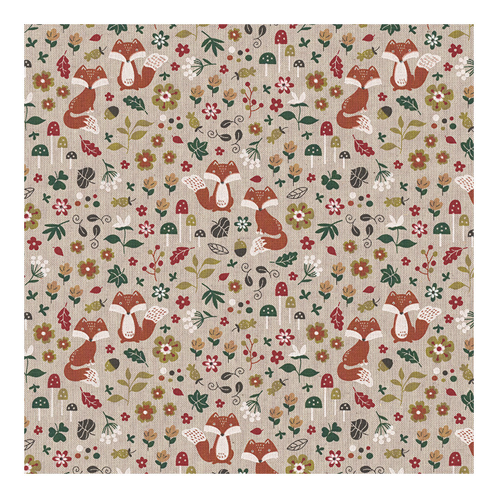 Tissu toile aspect lin Woodland Fox motifs renards et fleurs fond lin