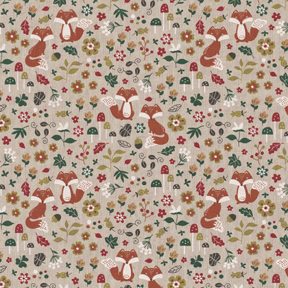 Tissu toile aspect lin Woodland Fox motifs renards et fleurs fond lin