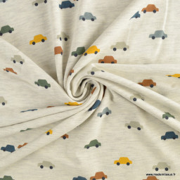 Tissu jersey motif voitures fond écru chiné - Poppy Fabrics