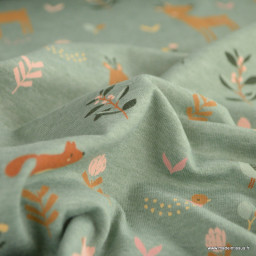 Tissu jersey motif animaux de la foret fond vert - Poppy Fabrics