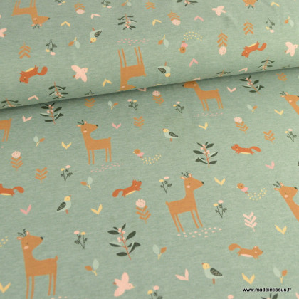 Tissu jersey motif animaux fond vert - Poppy Fabrics
