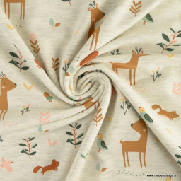 Tissu jersey motif animaux de la foret fond écru chiné - Poppy Fabrics