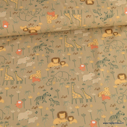 Tissu jersey motif animaux de la jungle et palmiers fond beige - Poppy Fabrics