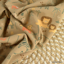 Tissu jersey motif animaux de la jungle et palmiers fond Camel - Poppy Fabrics