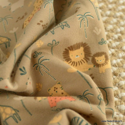 Tissu jersey motif animaux de la jungle et palmiers fond Camel - Poppy Fabrics