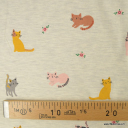 Tissu jersey motif chats et fleurs fond écru chiné - Poppy Fabrics