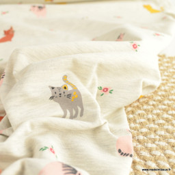 Tissu jersey motif chats et fleurs fond écru chiné - Poppy Fabrics