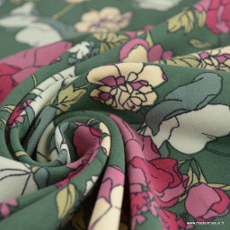Tissu jersey motif fleurs fond vert - Poppy Fabrics