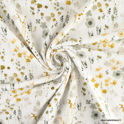 Tissu jersey motif fleurs ocres et grises fond blanc