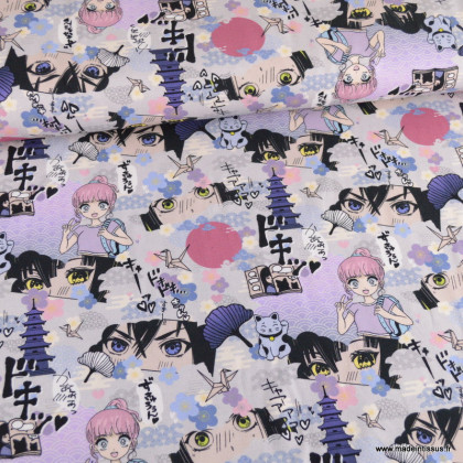 Tissu jersey motif Mangas Japonais lilas et gris