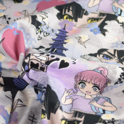Tissu jersey motif Mangas Japonais lilas et gris