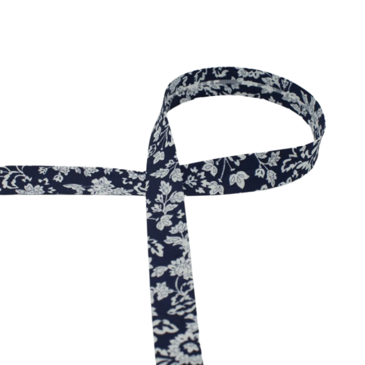 Biais replié Yi motifs fleurs fond Marine