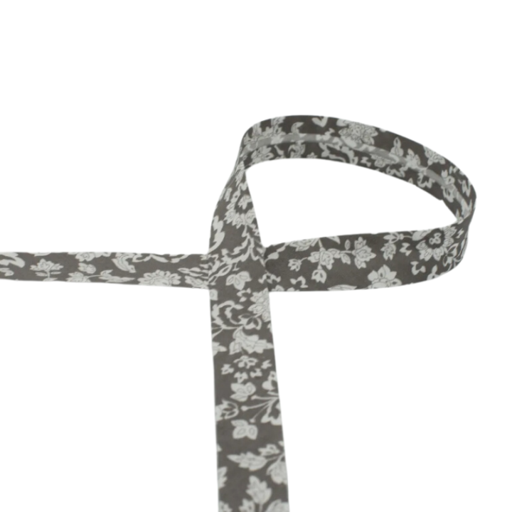 Biais replié Yi motifs fleurs fond Gris