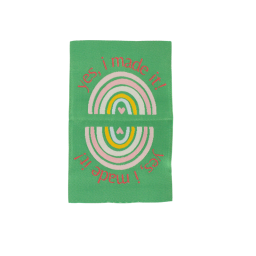 Lot de 5 étiquettes tissées - "Yes, I made it" fond vert - arc en ciel rose