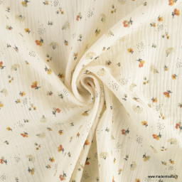 Double gaze Nelsi motif fleurs fauve fond Ecru - OEKO TEX