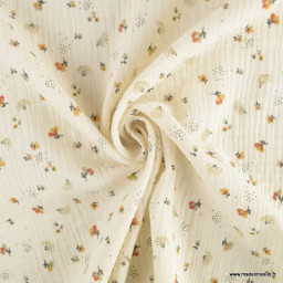 Double gaze Nelsi motif fleurs fauve fond Ecru - OEKO TEX