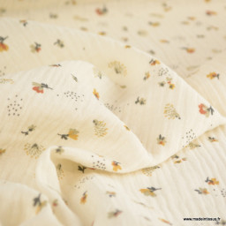 Double gaze Nelsi motif fleurs fauve fond Ecru - OEKO TEX