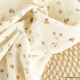 Double gaze Nelsi motif fleurs fauve fond Ecru - OEKO TEX