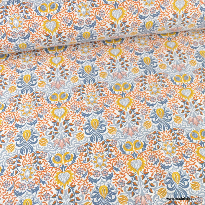 Tissu coton Yvette motifs fleurs et feuilles terracotta - oeko tex