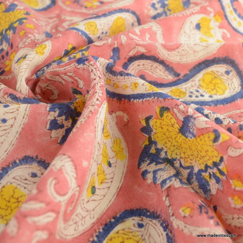 Tissu Indien Sanganeri En Coton 100% - Imprimé Main Naturel, Motifs Floraux Et Animaux - Au Mètre
