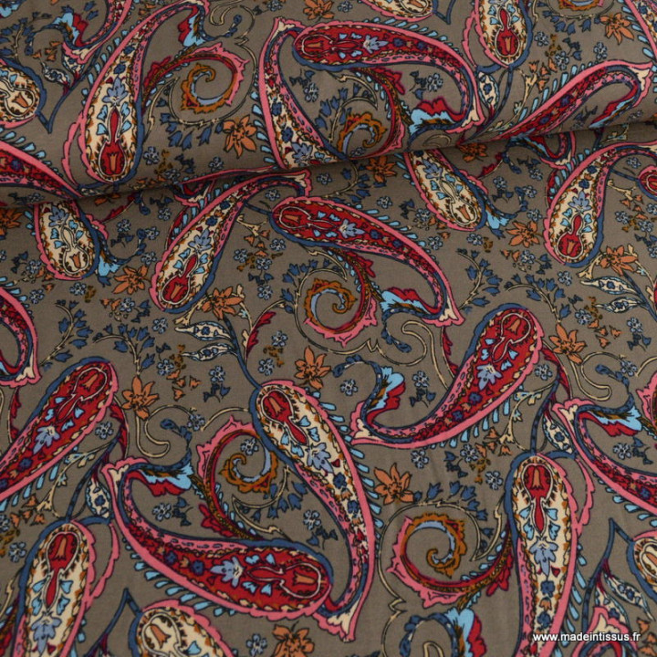 Tissu Jersey de Viscose motif paisley fond taupe - oeko tex