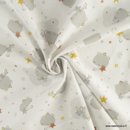 Tissu cretonne coton Orsou motif oursons dans les nuages gris et blanc -  oeko tex