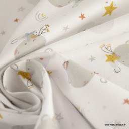 Tissu cretonne coton Orsou motif oursons dans les nuages gris et blanc -  oeko tex