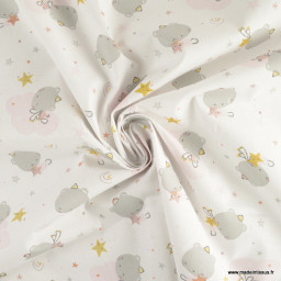 Tissu cretonne coton Orsou motif oursons dans les nuages roses et blanc -  oeko tex