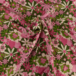 Tissu twill Viscose motif fleurs vintage vert et rose