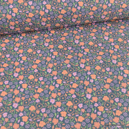 Tissu coton Enduit Erika motifs fleurs fond bleu marine