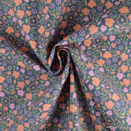 Tissu coton Enduit Erika motifs fleurs fond bleu marine