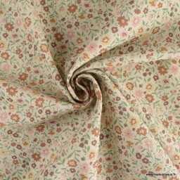 Tissu demi natté bachette motifs fleurs fond naturel