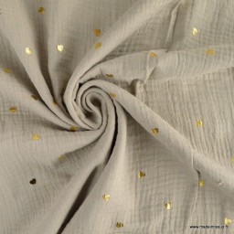 Tissu Double gaze beige foncé motif coeurs dorés - oeko tex