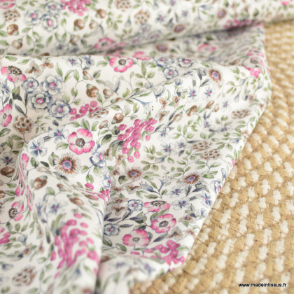 Tissu popeline Poppy motifs Fleurs Elise fond Blanc - Oeko tex