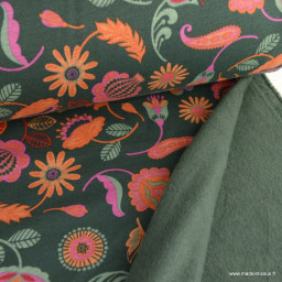 Tissu Sweat molleton motifs fleurs Paisley fond vert kaki