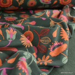 Tissu Sweat molleton motifs fleurs Paisley fond vert kaki