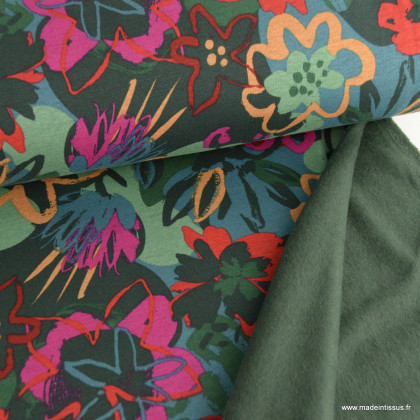 Tissu Sweat molleton motifs fleurs Multi fond vert kaki