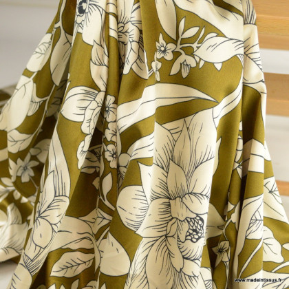 Tissu Satin motif fleurs écru fond camel