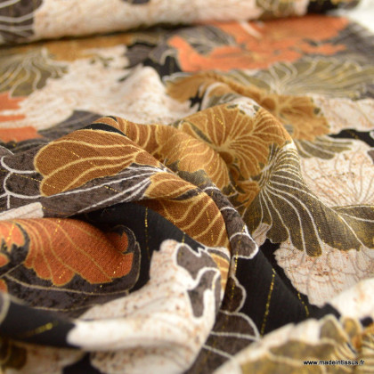 Tissu crêpe de Viscose lurex motif fleur taupe et écru