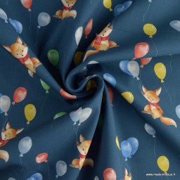 Tissu Softshell motifs renards et ballons bleu marine