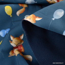 Tissu Softshell motifs renards et ballons bleu marine