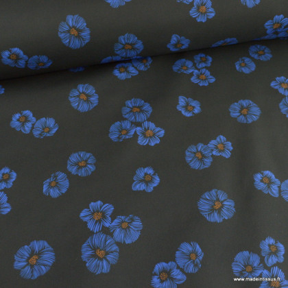 Tissu Softshell Poppy motifs fleurs bleues fond noir - oeko tex