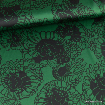 Tissu Satin motif fleurs noires fond vert