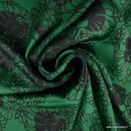 Tissu Satin motif fleurs noires fond vert