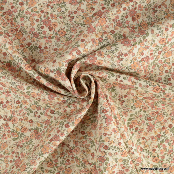 Popeline Sixtine motif fleurs rose argile fond écru