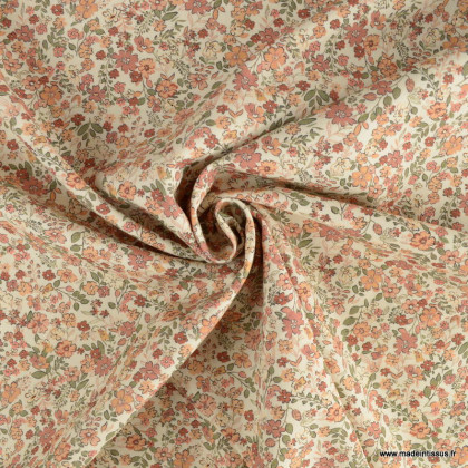 Popeline Sixtine motif fleurs rose argile fond écru