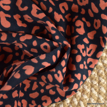 Tissu velours milleraies Poppy motif léopard fond bleu marine - oeko tex